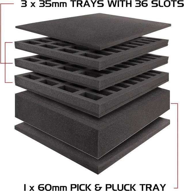 Alt view image 2 of 7 - Portable Miniature Figure Storage & Carrying Case - 4 Foam Layers fits 108 Infantry Minis & Pick & Pluck for Large Figures - Book Sleeve & 2 Accessory Pockets for Measuring Tape, Dice & More