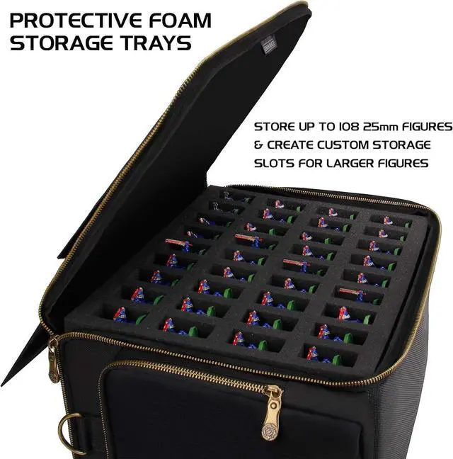 Alt view image 3 of 7 - Portable Miniature Figure Storage & Carrying Case - 4 Foam Layers fits 108 Infantry Minis & Pick & Pluck for Large Figures - Book Sleeve & 2 Accessory Pockets for Measuring Tape, Dice & More