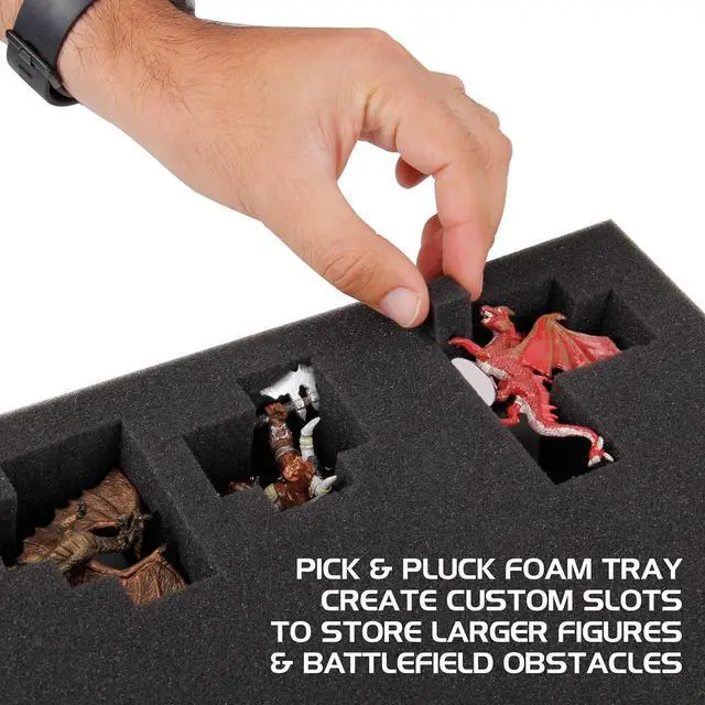 Alt view image 4 of 7 - Portable Miniature Figure Storage & Carrying Case - 4 Foam Layers fits 108 Infantry Minis & Pick & Pluck for Large Figures - Book Sleeve & 2 Accessory Pockets for Measuring Tape, Dice & More