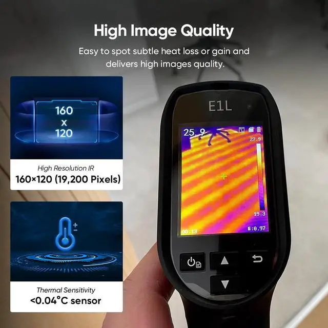 Alt view image 2 of 6 - E1L Thermal Imaging Camera, 160 x 120 IR Resolution/19200 Pixels, 25Hz Refresh Rate, Portable Handheld Infrared Thermal Imager with Laser Pointer, -4°F~1022°F Temperature Range
