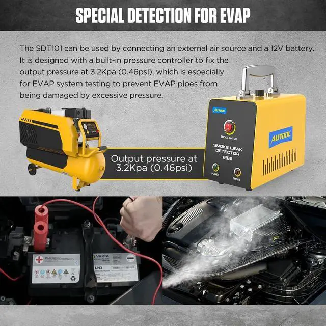 Alt view image 3 of 7 - Automotive Smoke Machine Leak Detector,Evap Vacuum Smoke Diagnostic Tester,Pipeline Fuel Leakage Detector Compatible with 12V Cars, Trucks, Motorcycle, ATV, Boats, Snowmobiles