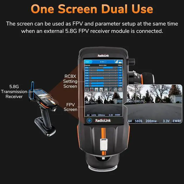Alt view image 2 of 7 - RC8X 8CH 2.4G RC Transmitter and Newest R8FG&R4FGM V2.1 Gyro Receivers, 4.3" Full Color IPS Touch Screen RC Remote Controller, 600m Long Range, 200 Models for RC Crawler Drifting Cars Boats
