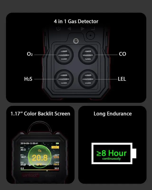 Alt view image 2 of 7 - 4 in 1 Gas Leak Detector, Monitor Multi Gas Alarm Sniffers Combustible, Natural, Methane, Propane, Carbon Monoxide, Hydrogen Sulfide, Oxygen for Home, RV, Sewer