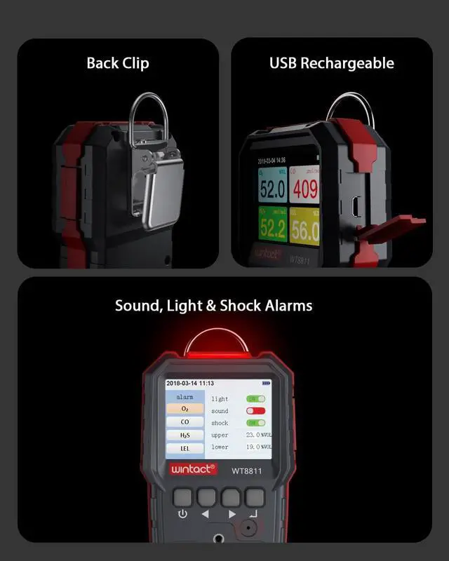 Alt view image 3 of 7 - 4 in 1 Gas Leak Detector, Monitor Multi Gas Alarm Sniffers Combustible, Natural, Methane, Propane, Carbon Monoxide, Hydrogen Sulfide, Oxygen for Home, RV, Sewer