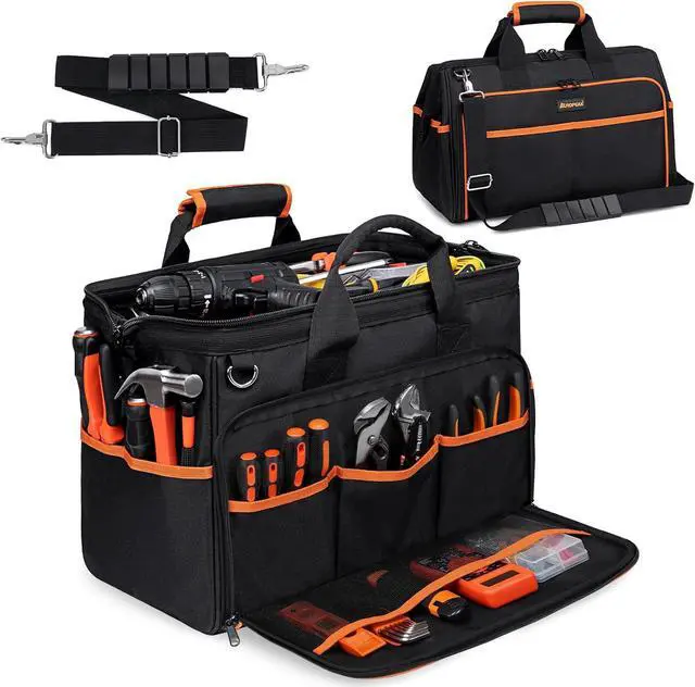 Main image of Heavy Duty Tool Bag 17.3-Inch, 26-Pocket Large Tool Bags for Men Women with Wide Mouth & Adjustable Shoulder Strap, Foldable Tool Bag Organizer for HVAC Craftsman Contractor Electricians Mechanics