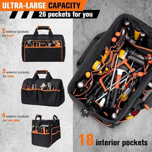 Alt view image 2 of 7 - Heavy Duty Tool Bag 17.3-Inch, 26-Pocket Large Tool Bags for Men Women with Wide Mouth & Adjustable Shoulder Strap, Foldable Tool Bag Organizer for HVAC Craftsman Contractor Electricians Mechanics