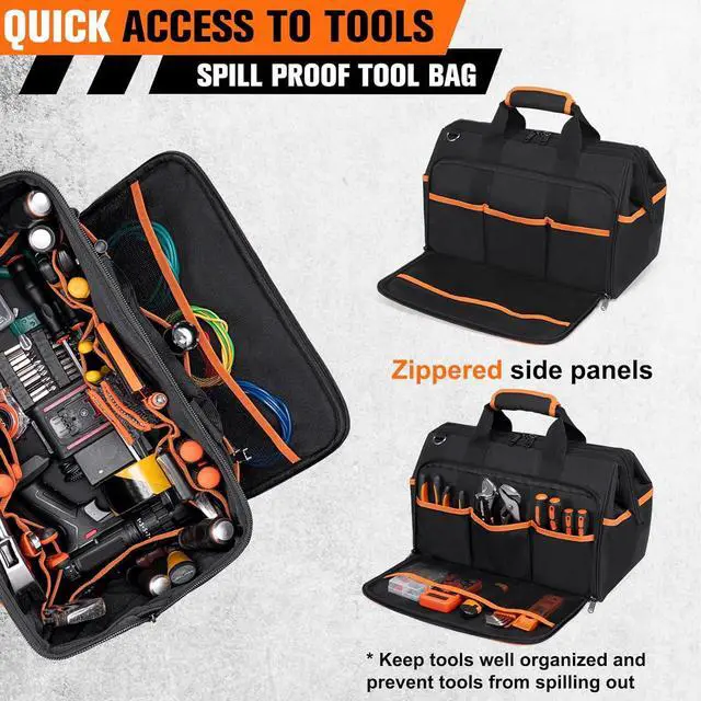 Alt view image 3 of 7 - Heavy Duty Tool Bag 17.3-Inch, 26-Pocket Large Tool Bags for Men Women with Wide Mouth & Adjustable Shoulder Strap, Foldable Tool Bag Organizer for HVAC Craftsman Contractor Electricians Mechanics
