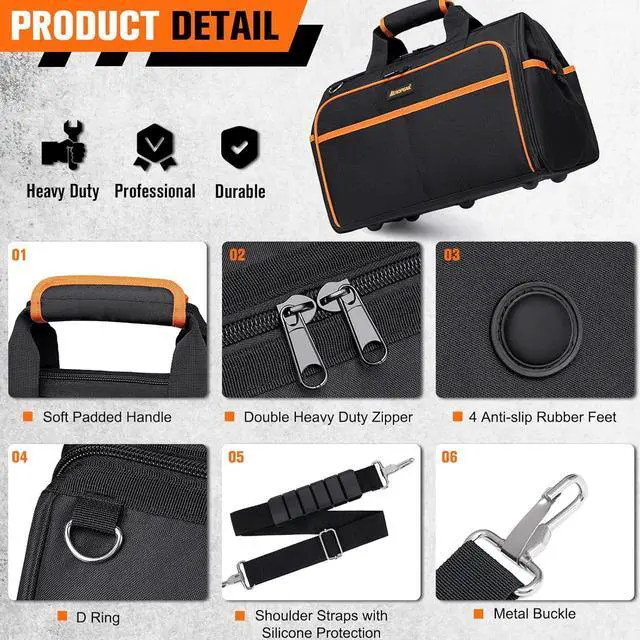 Alt view image 4 of 7 - Heavy Duty Tool Bag 17.3-Inch, 26-Pocket Large Tool Bags for Men Women with Wide Mouth & Adjustable Shoulder Strap, Foldable Tool Bag Organizer for HVAC Craftsman Contractor Electricians Mechanics