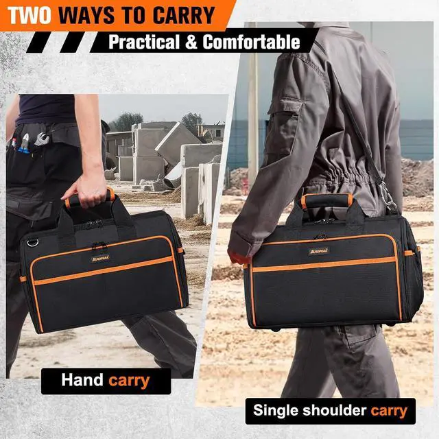 Alt view image 7 of 7 - Heavy Duty Tool Bag 17.3-Inch, 26-Pocket Large Tool Bags for Men Women with Wide Mouth & Adjustable Shoulder Strap, Foldable Tool Bag Organizer for HVAC Craftsman Contractor Electricians Mechanics