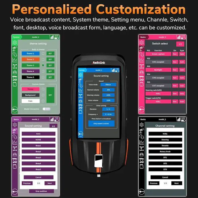 Alt view image 6 of 7 - RC8X 8CH 2.4G RC Transmitter and Newest R8FG&R4FGM V2.1 Gyro Receivers, 4.3" Full Color IPS Touch Screen RC Remote Controller, 600m Long Range, 200 Models for RC Crawler Drifting Cars Boats