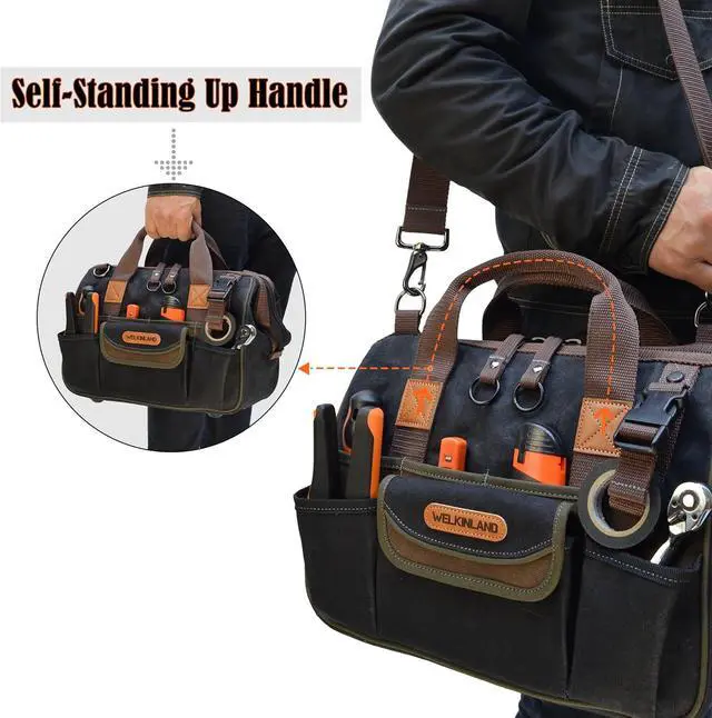 Alt view image 3 of 7 - 30-Pockets Canvas tool bag, 14-Inch Heavy Duty tool bag, Waxed Canvas tool bags heavy duty, Tool duffel, Lineman tool bag, Electrician tool bag, Tool bags for electricians