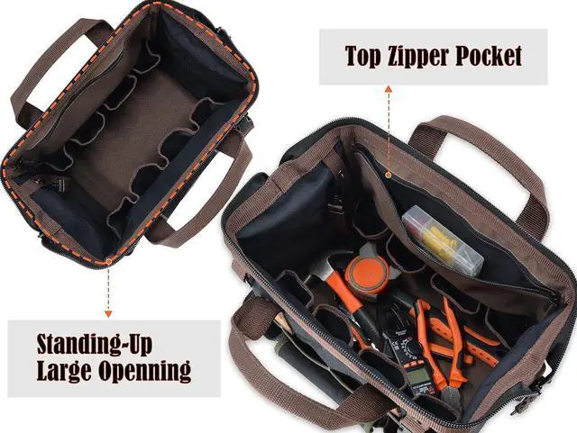 Alt view image 4 of 7 - 30-Pockets Canvas tool bag, 14-Inch Heavy Duty tool bag, Waxed Canvas tool bags heavy duty, Tool duffel, Lineman tool bag, Electrician tool bag, Tool bags for electricians