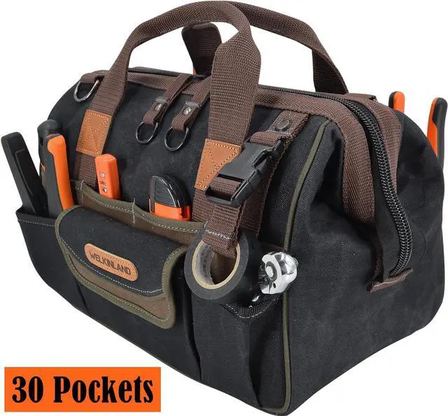 Alt view image 5 of 7 - 30-Pockets Canvas tool bag, 14-Inch Heavy Duty tool bag, Waxed Canvas tool bags heavy duty, Tool duffel, Lineman tool bag, Electrician tool bag, Tool bags for electricians