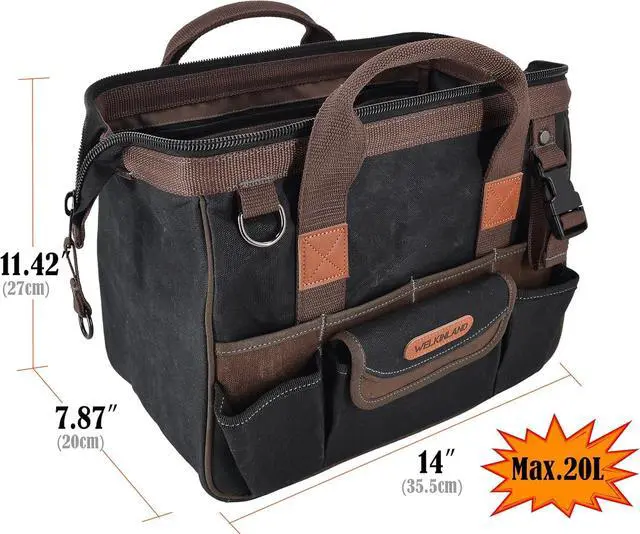 Alt view image 6 of 7 - 30-Pockets Canvas tool bag, 14-Inch Heavy Duty tool bag, Waxed Canvas tool bags heavy duty, Tool duffel, Lineman tool bag, Electrician tool bag, Tool bags for electricians