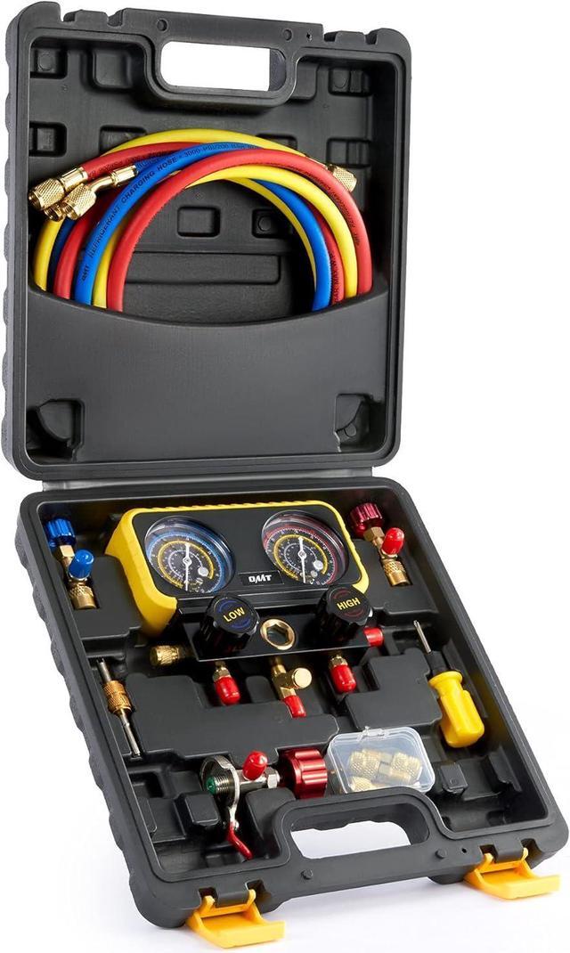 Main image of Motor Tech R410a Gauges, AC Manifold Gauge Set for R410a Refrigerant, 3 Way AC Gauges R410a Manifold Set with R410a R22 Safety Valves, 3 Hoses, R410a Adapters, Universal Can Tap, AC Recharge Kit