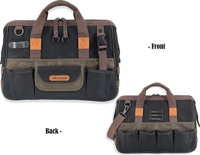 Alt view image 6 of 7 - 32-Pockets Waxed Canvas tool bag, Heavy-Duty Electrician tool bag, HVAC tool bag, Tool bag organizer, 16" Tools bag carrier, Tool bags for electricians, Tool bags for men