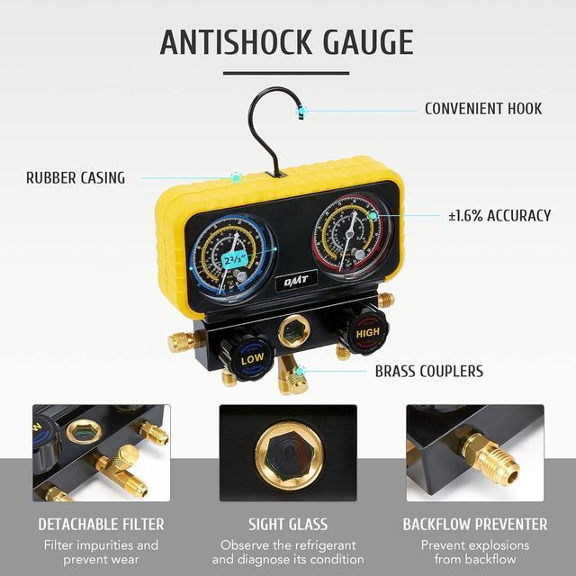 Alt view image 4 of 7 - Motor Tech R410a Gauges, AC Manifold Gauge Set for R410a Refrigerant, 3 Way AC Gauges R410a Manifold Set with R410a R22 Safety Valves, 3 Hoses, R410a Adapters, Universal Can Tap, AC Recharge Kit