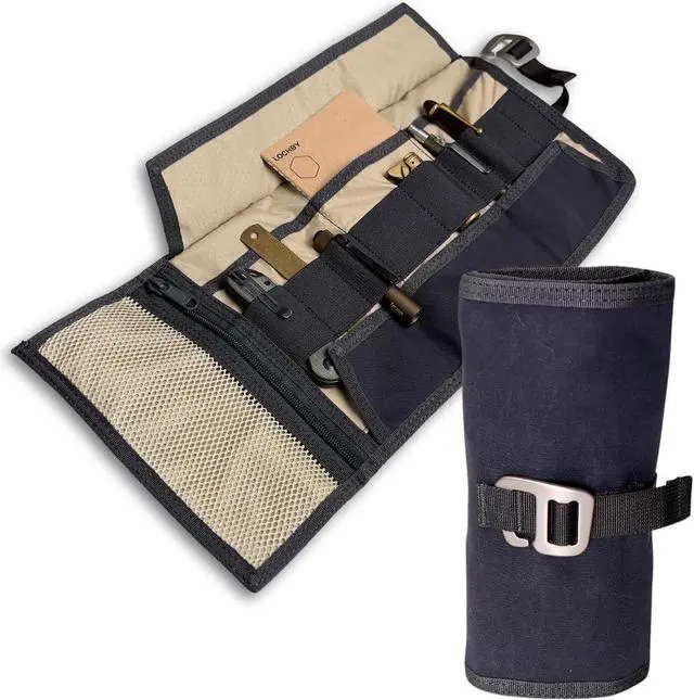Main image of Electronic Organizer | EDC Roll-Up Tool Bag for Pen Lovers & Tech | Multi-Pocket with Elastic Loops for Pens, Cables, External Hard Drives | Stylish Waxed Canvas & Durable Aluminum Hooks
