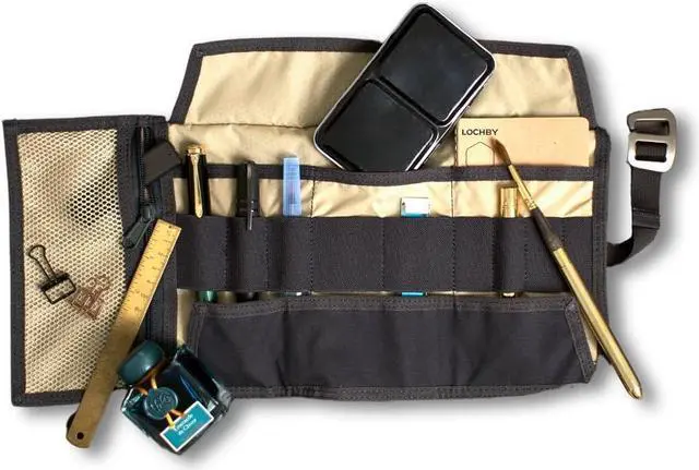 Alt view image 3 of 7 - Electronic Organizer | EDC Roll-Up Tool Bag for Pen Lovers & Tech | Multi-Pocket with Elastic Loops for Pens, Cables, External Hard Drives | Stylish Waxed Canvas & Durable Aluminum Hooks