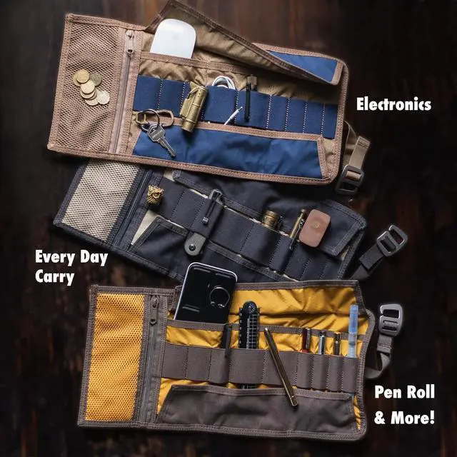 Alt view image 5 of 7 - Electronic Organizer | EDC Roll-Up Tool Bag for Pen Lovers & Tech | Multi-Pocket with Elastic Loops for Pens, Cables, External Hard Drives | Stylish Waxed Canvas & Durable Aluminum Hooks