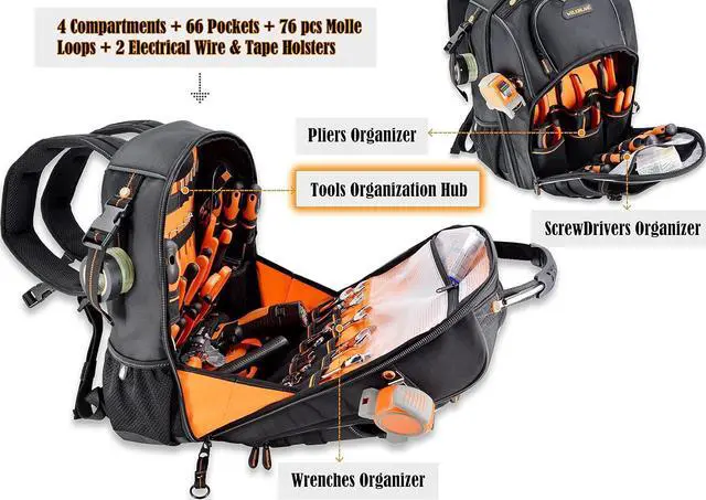 Alt view image 2 of 7 - 66-Pockets Backpack Tool Bag, Heavy-Duty Tool Backpack, Electrician backpack, Jobsite backpack, Tool back pack for men, Tool backpack for electricians, Tool backpack for construction