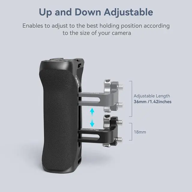 Alt view image 3 of 7 - Aluminum Side Handle for Camera Cages, Universal Ergonomic Side Handgrip with Bulit-in 1/4''-20 Locating Hole, Strap Hole, Cold Shoe, 36mm Up/Down Adjustable - 4015