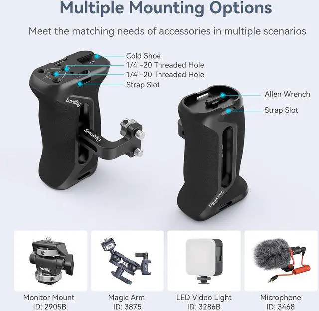 Alt view image 5 of 7 - Aluminum Side Handle for Camera Cages, Universal Ergonomic Side Handgrip with Bulit-in 1/4''-20 Locating Hole, Strap Hole, Cold Shoe, 36mm Up/Down Adjustable - 4015