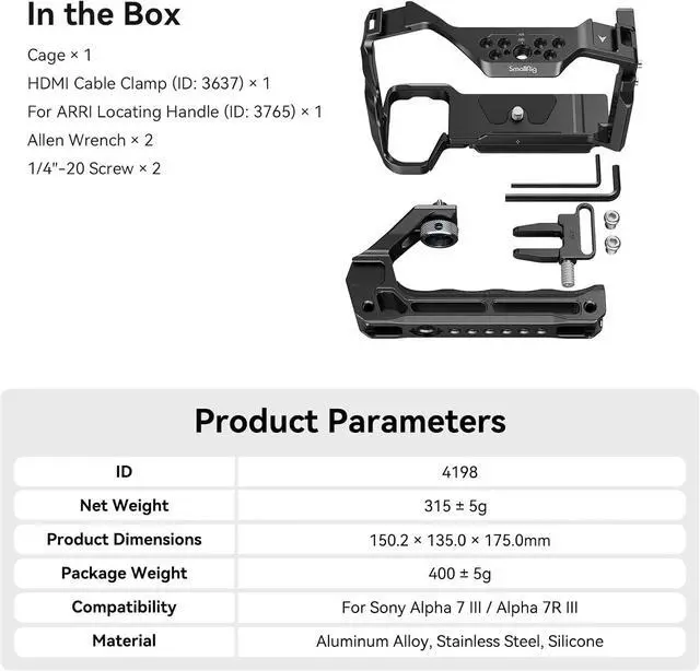 Alt view image 7 of 7 - A7 III / A7R III Camera Cage Kit for Sony Alpha 7 III/Alpha 7R III, Full Cage with Top Handle for ARRI and Cable Clamp, Built-in Cold Shoe and NATO Rails - 4198