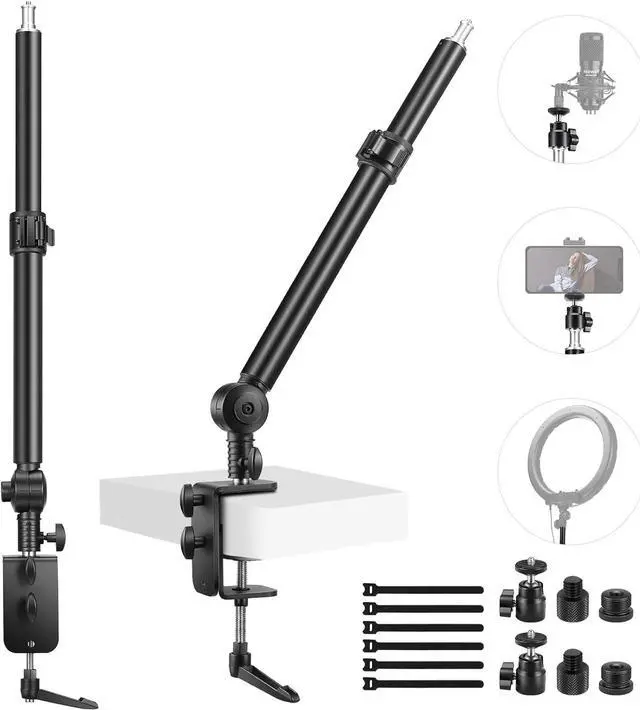 Main image of Camera Desk Mount Stand 225° Tilt & 360° Swivel 17.7"-24.8" Tabletop Desktop Light Stand Adjustable Table Top Stand C Clamp Ball Head Screw for Ring Light DSLR Phone Overhead Photography 2 Pack
