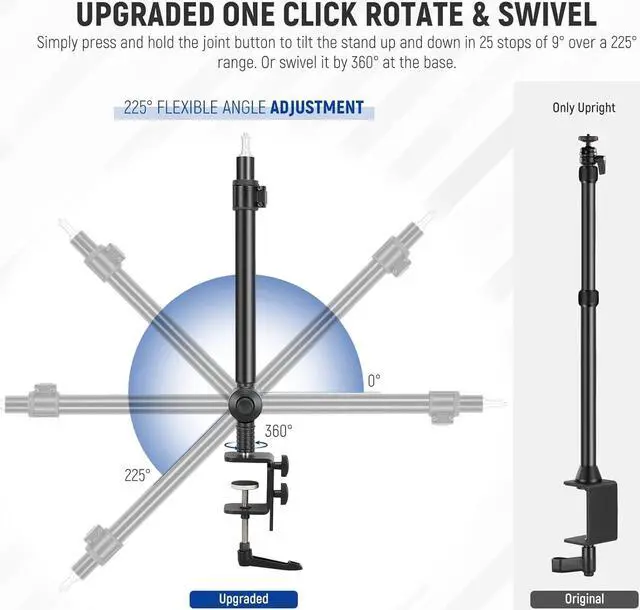 Alt view image 2 of 7 - Camera Desk Mount Stand 225° Tilt & 360° Swivel 17.7"-24.8" Tabletop Desktop Light Stand Adjustable Table Top Stand C Clamp Ball Head Screw for Ring Light DSLR Phone Overhead Photography 2 Pack