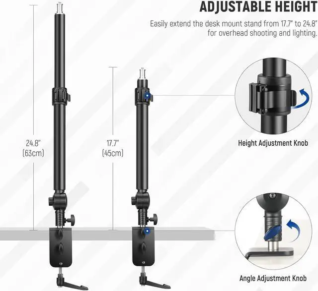 Alt view image 3 of 7 - Camera Desk Mount Stand 225° Tilt & 360° Swivel 17.7"-24.8" Tabletop Desktop Light Stand Adjustable Table Top Stand C Clamp Ball Head Screw for Ring Light DSLR Phone Overhead Photography 2 Pack