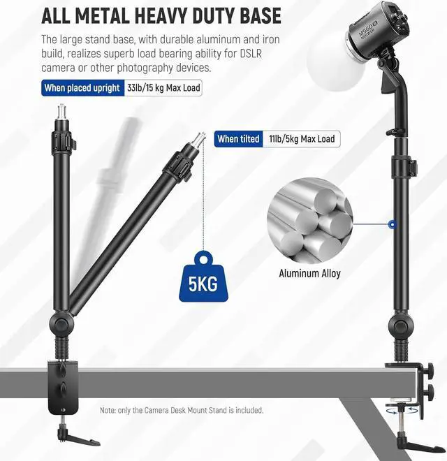 Alt view image 5 of 7 - Camera Desk Mount Stand 225° Tilt & 360° Swivel 17.7"-24.8" Tabletop Desktop Light Stand Adjustable Table Top Stand C Clamp Ball Head Screw for Ring Light DSLR Phone Overhead Photography 2 Pack