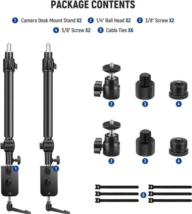 Alt view image 7 of 7 - Camera Desk Mount Stand 225° Tilt & 360° Swivel 17.7"-24.8" Tabletop Desktop Light Stand Adjustable Table Top Stand C Clamp Ball Head Screw for Ring Light DSLR Phone Overhead Photography 2 Pack