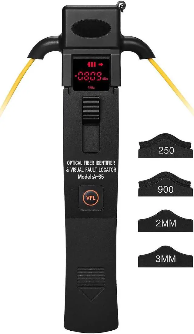 Main image of A-35 Fiber Optic identifier 3 in 1 Built in 10KM Visual Fault Locator and LED Light 800-1700nm SM/MM with 2 mm 3 mm 900 nm & 250 nm Adapters Fiber Optic Cable identifier Detector