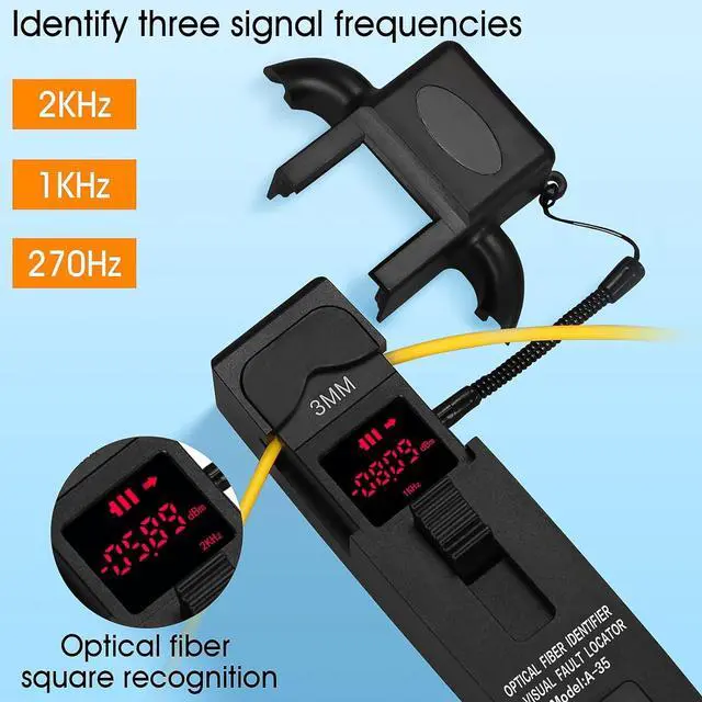 Alt view image 3 of 7 - A-35 Fiber Optic identifier 3 in 1 Built in 10KM Visual Fault Locator and LED Light 800-1700nm SM/MM with 2 mm 3 mm 900 nm & 250 nm Adapters Fiber Optic Cable identifier Detector