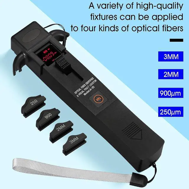 Alt view image 4 of 7 - A-35 Fiber Optic identifier 3 in 1 Built in 10KM Visual Fault Locator and LED Light 800-1700nm SM/MM with 2 mm 3 mm 900 nm & 250 nm Adapters Fiber Optic Cable identifier Detector