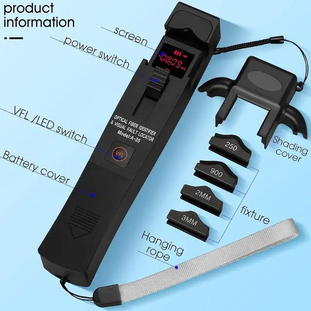 Alt view image 6 of 7 - A-35 Fiber Optic identifier 3 in 1 Built in 10KM Visual Fault Locator and LED Light 800-1700nm SM/MM with 2 mm 3 mm 900 nm & 250 nm Adapters Fiber Optic Cable identifier Detector