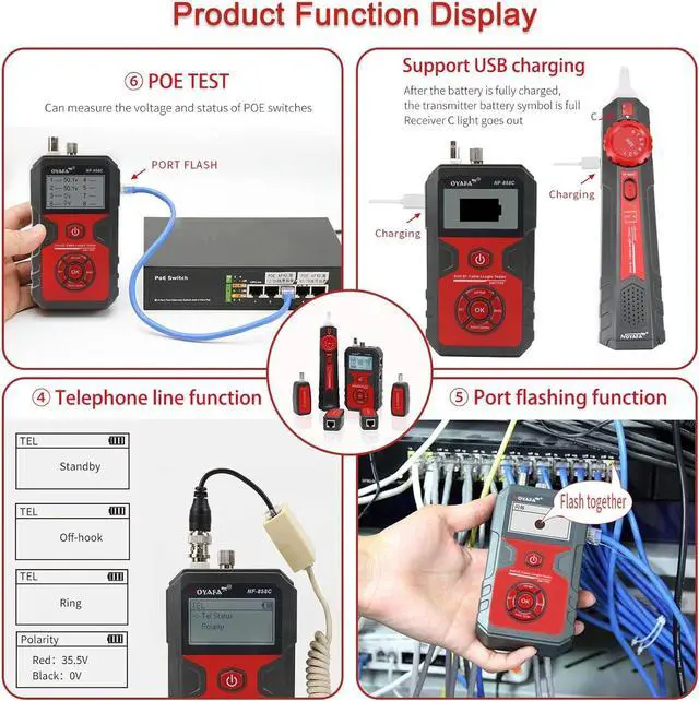 Alt view image 3 of 7 - Network Cable Tester with 10mW Visual Fault Locator, RJ11 RJ45 Ethernet Cable Tester POE Tester Cable Toner, Rechargeable Anti-Interference Network Tester for Telephone LAN Coax Cable