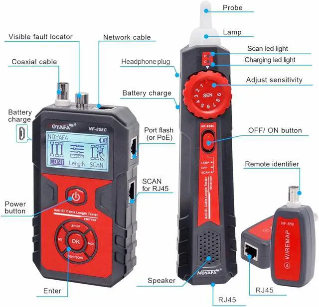 Alt view image 7 of 7 - Network Cable Tester with 10mW Visual Fault Locator, RJ11 RJ45 Ethernet Cable Tester POE Tester Cable Toner, Rechargeable Anti-Interference Network Tester for Telephone LAN Coax Cable