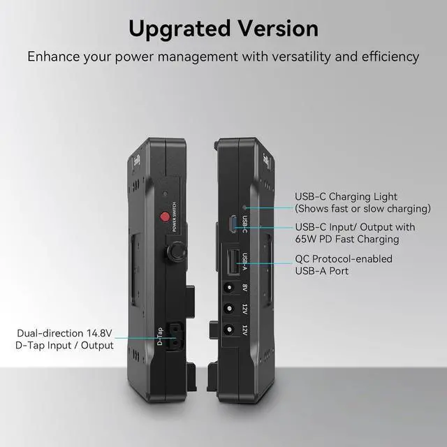 Alt view image 5 of 7 - V Mount Battery Adapter Plate with PD 65W USB-C Quick Charger, QC Protocol USB-A, D-TAP, 8V & 12V DC Port, 15 mm Rod Clamp and Adjustable Arm, for Sony for Canon Cameras & Camcorders - 3204B