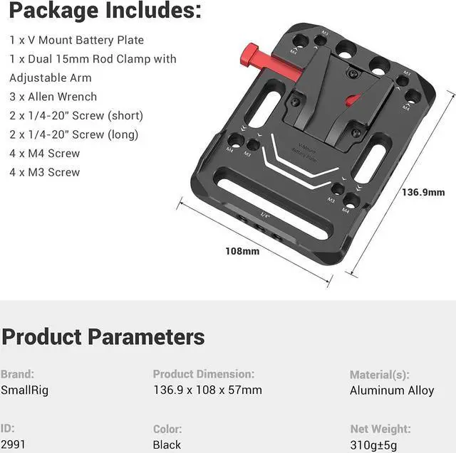 Alt view image 7 of 7 - V Mount Battery Plate, V-Lock Mount Battery Plate with 15mm Rod Clamp & Adjustable Arm for Power Supply - 2991