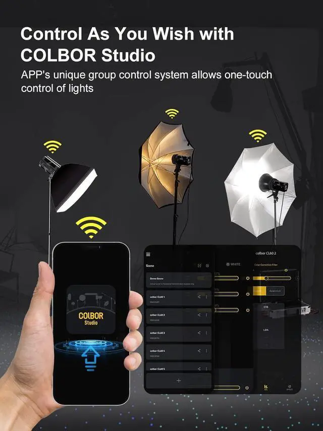 Alt view image 6 of 7 - Video Light, Colbor CL100X 110W Bi-Colour Video Light 2700K-6500K CRI97+ COB Continuous Aluminium with Bowens Mount APP Control 10 Light Effect for Photography, Daylight LED Video Light Photo Studio