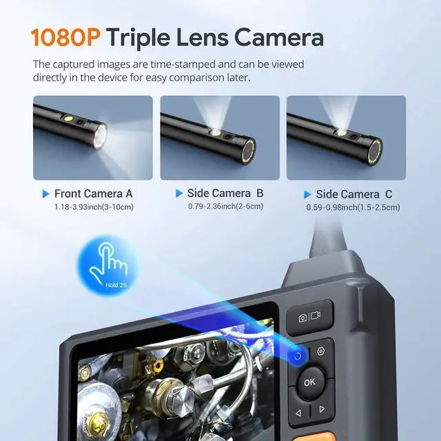 Alt view image 2 of 7 - Triple Lens Borescope Tool, DEPSTECH 5" IPS Screen Endoscope Camera with Lights, 1080P Sewer Inspection Camera & Split Screen, 180° Rotation, IP67 Snake Cable, Gadget for Automotive Mechanical Repair