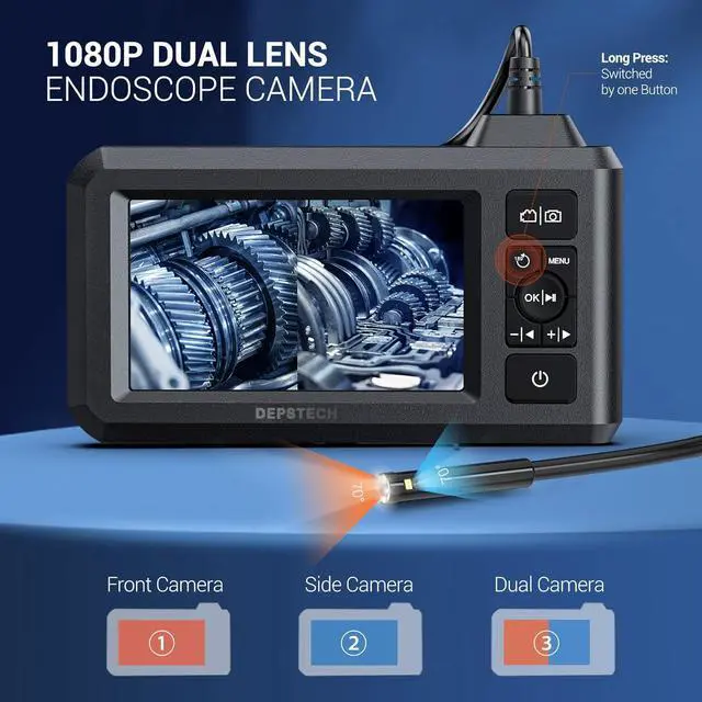 Alt view image 2 of 7 - DEPSTECH Dual Lens Industrial Endoscope, 1080P Digital Borescope Inspection Camera, 7.9mm IP67 Waterproof Sewer Camera with 4.3" LCD Screen, 7 LED Lights, 16.5FT Semi-Rigid Cable, 32GB Card-Black