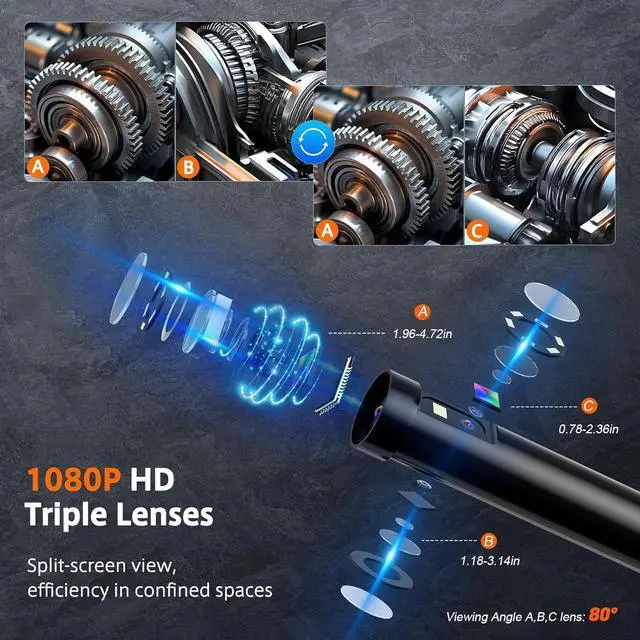 Alt view image 3 of 7 - Triple Lens Sewer Inspection Camera, 50FT Semi-Rigid Cable, 5" IPS Screen Industrial Borescope, IP67 Pipe Snake Camera, 32G Storage Card, Carrying Case