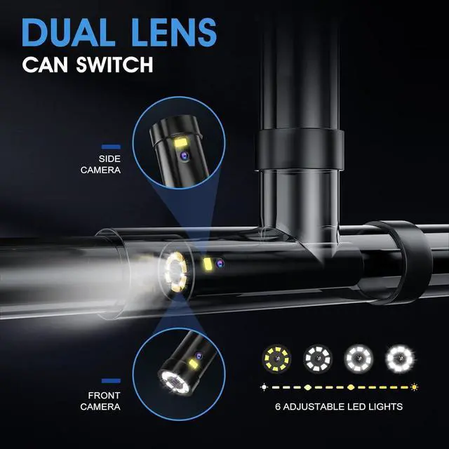Alt view image 2 of 7 - Borescope, 50 FT Dual Lens Inspection Camera, Industrial Endoscope with Light, IP67 Waterproof Snake Camera for Sewer, Drain, Pipe, Plumbing, 1080P HD Automotive borescope, Mechanic's Gadget