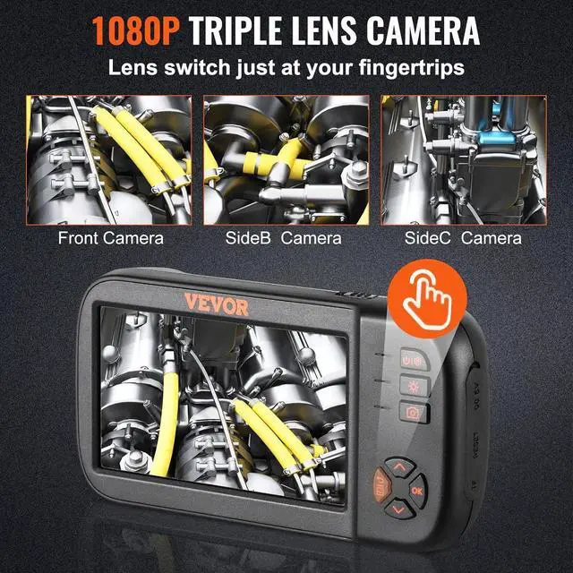 Alt view image 3 of 7 - VEVOR Borescope Triple Lens Endoscope Camera with Light, 4.5" Screen 1080P Inspection Camera with 10 LED Light, IP67 Waterproof Drain Snake Cameras for Auto, Plumbing(16.5FT Cable, 32GB Card)