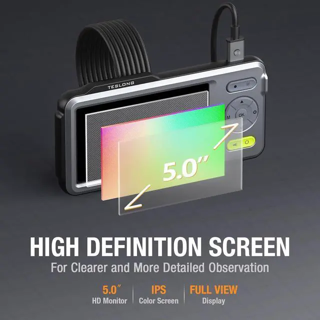 Alt view image 4 of 7 - Dual Lens Inspection Camera, Teslong Borescope with LED Light, HD Industrial Endoscope, 5" IPS Screen, Waterproof Video Scope Camera, Flexible Cable for Home/Automotive/Pipe/Car/Wall(5FT)