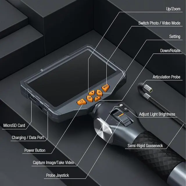 Alt view image 7 of 7 - Two-Way Articulating Borescope with Light, Teslong 5-inch IPS Endoscope Inspection Camera with Articulation Head, Automotive Mechanics Fiber Optic Scope-0.33inch