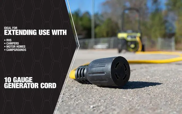 Alt view image 3 of 7 - 65172840 20-Foot 30Amp Generator Cord; 10-Gauge Heavy Duty Electrical Power Cable with L14-30 Locking Plug; 125V / 250V; Yellow; Feet; Black